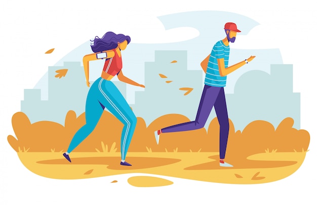 Вектор Цветные люди иллюстрации, бегущие в парке. плоский стиль плаката спортивные мероприятия на открытом воздухе.
