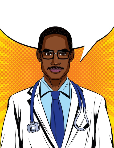 Color illustration in pop art style. Black male doctor with a stethoscope around his neck. Portrait of an African American doctor in a white uniform.