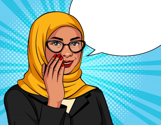  color illustration in pop art style. Muslim woman in a traditional scarf and glasses is whispering. Arabic successful business woman over dot background is telling a secret information