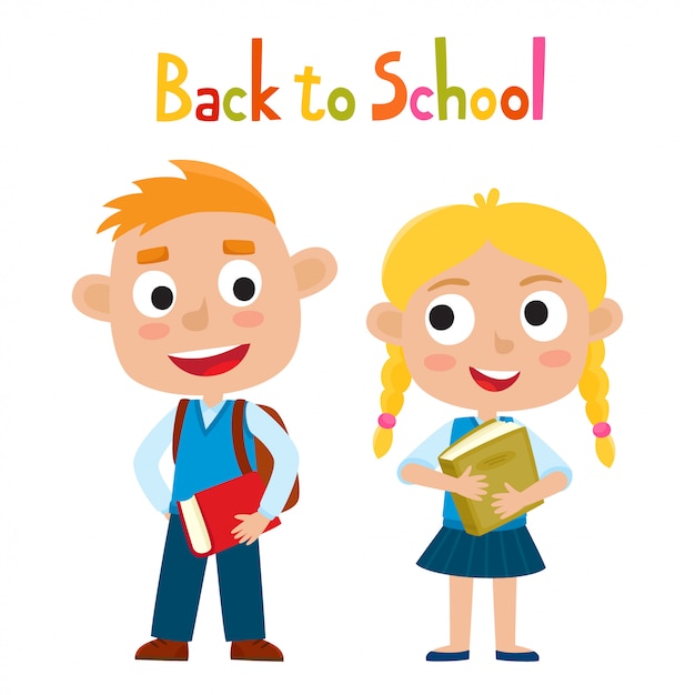 Color  illustration of pretty stylish girl and boy stand with book and backpack, happy kid isolated on white background