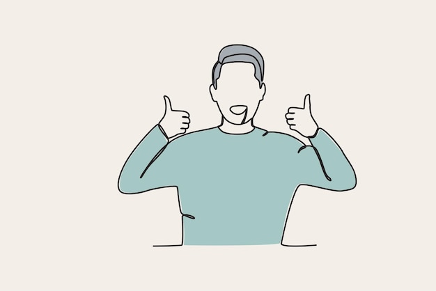 Color illustration of a smiling man giving both thumbs up world smile day oneline drawing