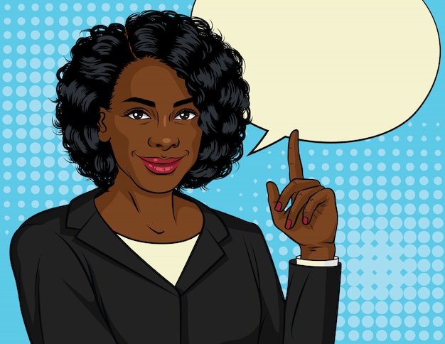 Color illustration of successful african american business woman. happy beautiful lady in office suit shows thumb up. lady boss points up.