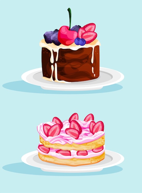 Vector color images of holiday cakes and cupcakes. pastry and bakery