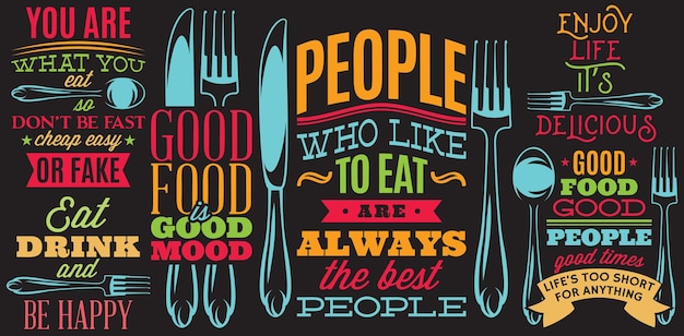 Color inscriptions in retro style on theme of eating with cutlery