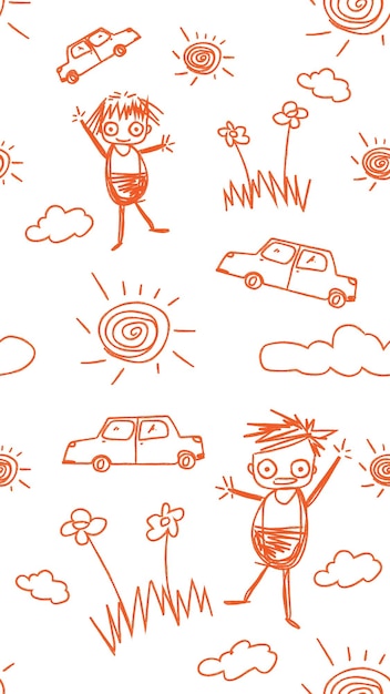 Вектор Цветной рисунок детского рисунка фона бесшовный мальчик с автомобилями и природными обоями плоская векторная иллюстрация
