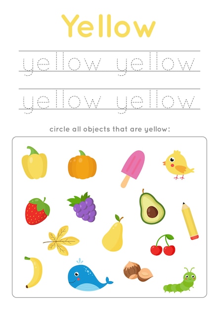 Vector color learning worksheet for preschool kids. yellow color. tracing word. handwriting practice. find and circle all objects in yellow color.