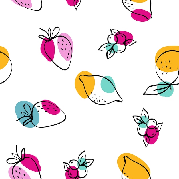 Color Lemon and Strawberry Vector White Seamless Pattern. Adorable Apple and Peach Illustration. Green and Fuchsia Citrus and Blueberry Cartoon Wallpaper.