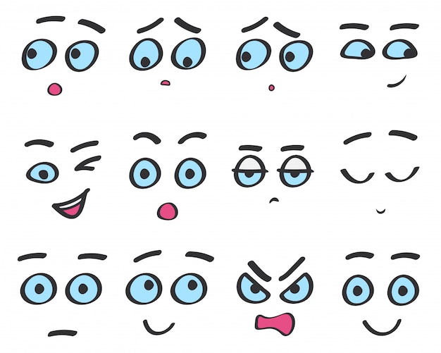 Vector color line emoji cartoon faces set. funny avatar emotions isolated.