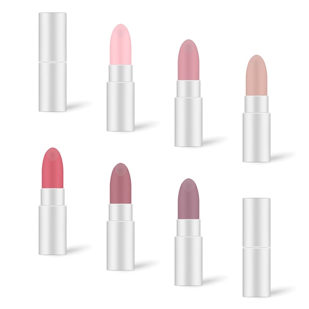 Rossetto colorato in set di tubi d'argento. rossetto per labbra su sfondo bianco, illustrazione vettoriale