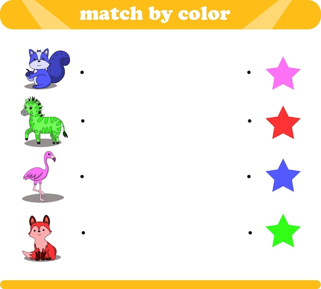 かわいい動物の絵を描いたリス、ゼブラ、フラミンゴ、キツネのカラーマッチングロジックゲーム