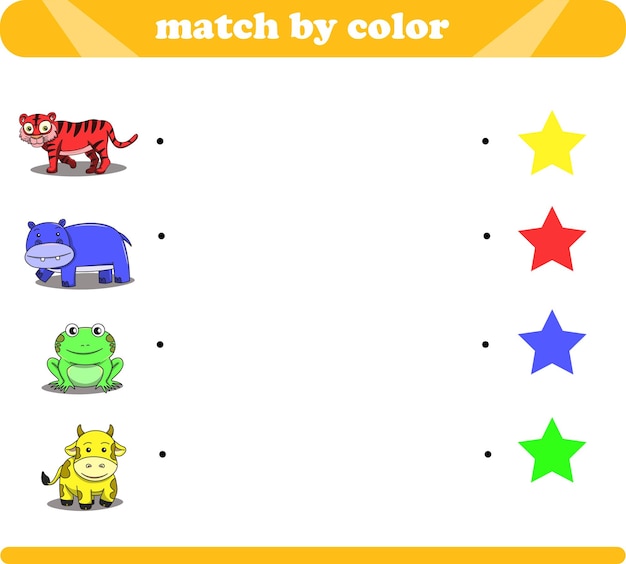 Color matching logic game with cute animal drawings tiger hippopotamus frog cow
