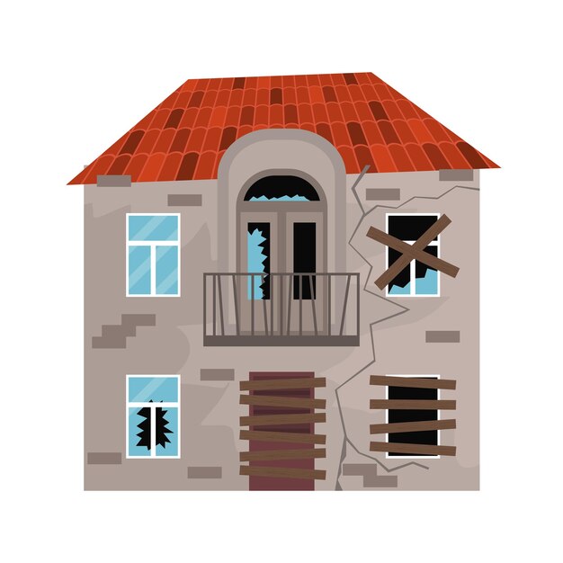 Vector color old house on a white broken exterior facade concept element flat design style vector illustration of ruined shattering building