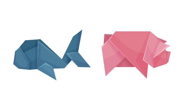 Vector color origami animals set whale and pig japanese origami folded toys vector illustration