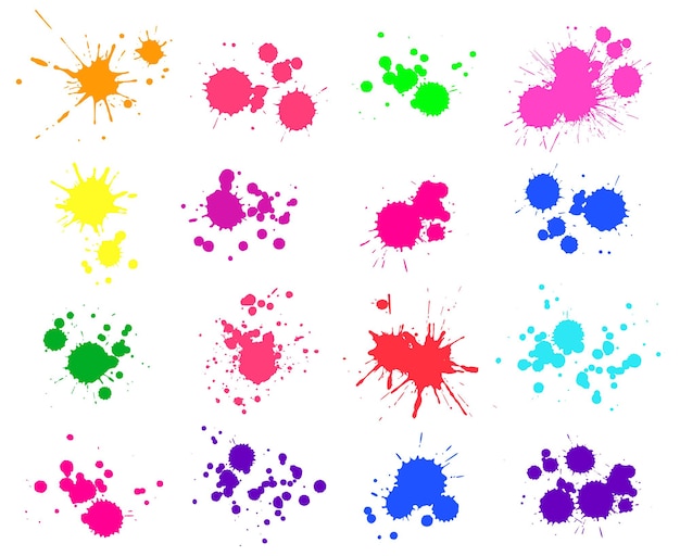 Color paint splatter. bright ink stains and spray blots isolated on white. spot or drop elements. watercolor paint splashes collection, liquid colorful stains set vector illustration