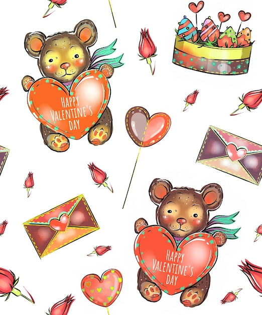 Color pattern from the Valentine's Day set. A teddy bear with a heart, a bouquet of red roses