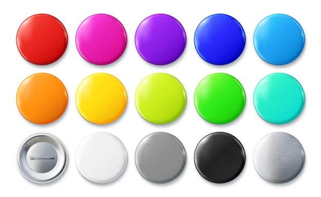 Color pin badges Glossy round button pinned badge mockup set