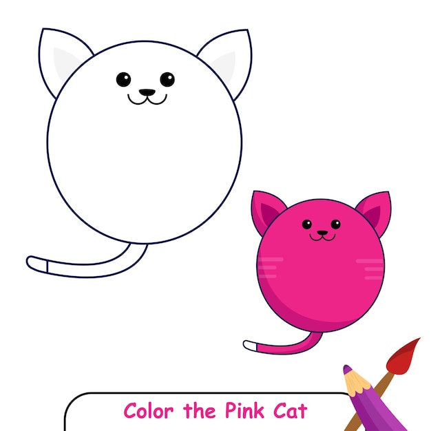 Окрасьте розовую кошку Книга для раскрашивания для детей Розовая кошка Векторная графика