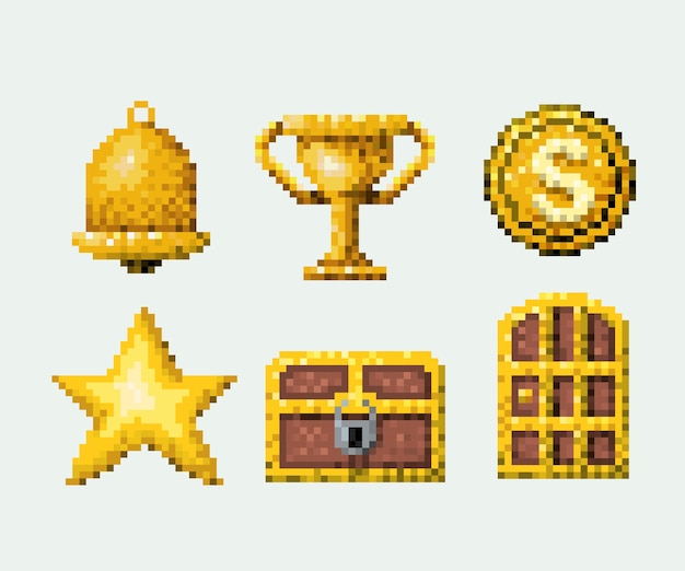 Colore pixelated set di elementi d'oro gioco arcade