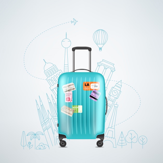 Color plastic travel bag with different travel elements illustration