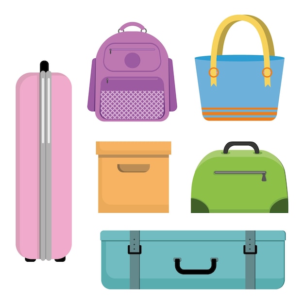 ベクトル 異なる旅行要素を持つカラープラスチック旅行袋 ベクトルイラスト 旅行コンセプト