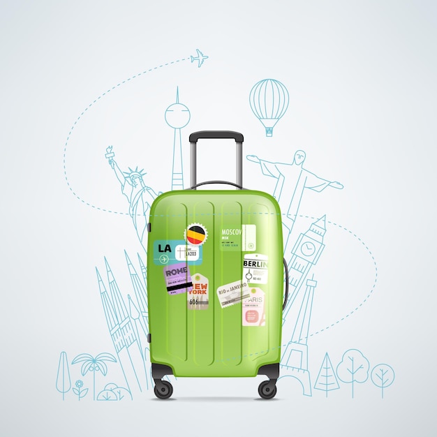 Color plastic travel bag with different travel elements vector illustration. travel concept