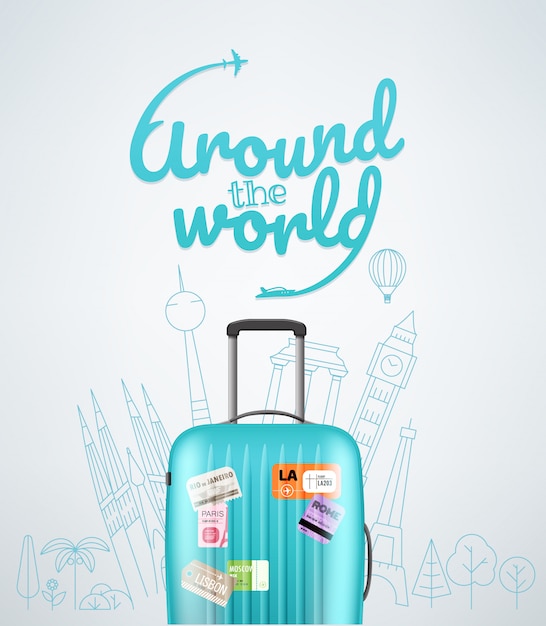 Vector color plastic travel bag with different travel elements vector illustration. travel concept