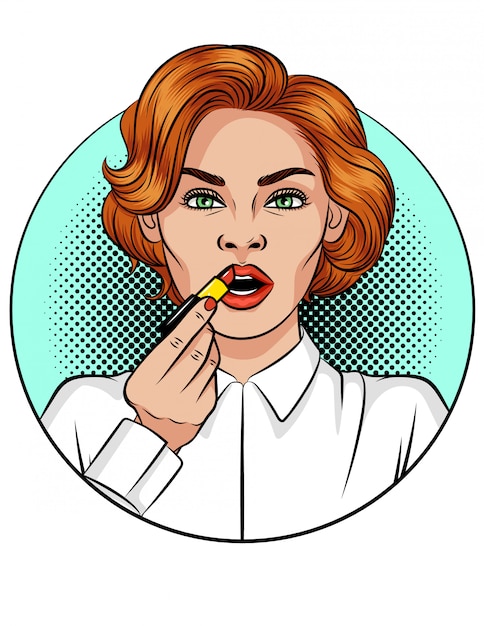 Vettore illustrazione di stile fumetto pop art di colore della ragazza che applica un rossetto. la giovane donna attraente fa il trucco. la bella ragazza con i capelli rossi usa il rossetto rosso per il trucco