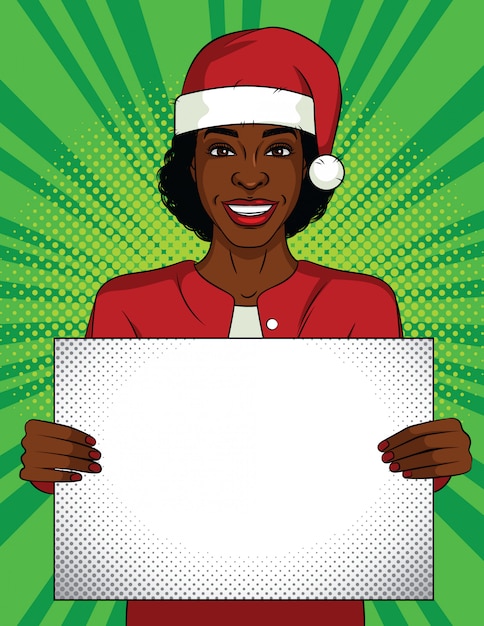 Color  pop art style illustration. Business woman holding a blank poster. African-American woman wearing a Santa Claus hat on her head with a white sheet in her hands. Office party celebration.