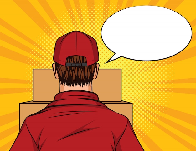  color pop art style illustration of a man standing with a box in his hands. Deliveryman rear view. Delivery worker with cardboard boxes in front of him. Male delivery worker in uniform.