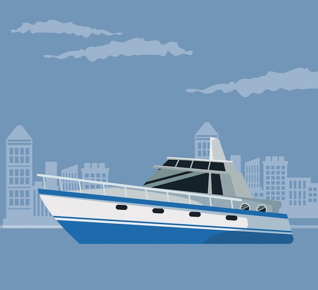Цвет плаката городской пейзаж с лодкой над водой