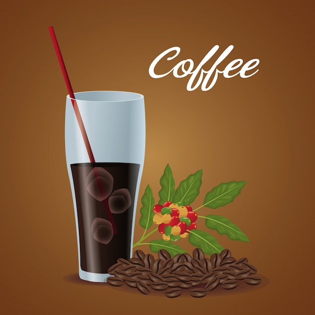 Вектор Цветной плакат стеклянная чашка замороженного кофе и бобы