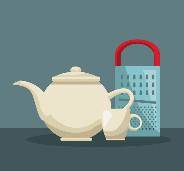 Vector color poster of set teapot and porcelain cup with metallic grater