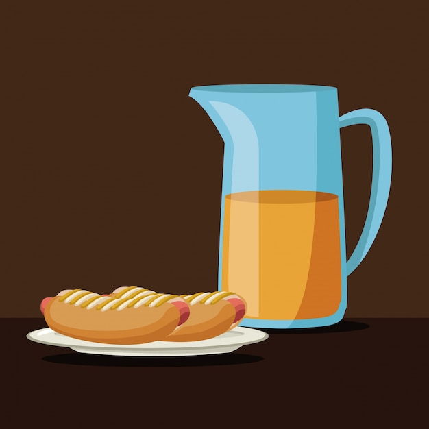 Scena di colore di succo d'arancia in vaso di vetro e hot dog nel piatto