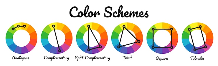 Vector color schemes color mixing wheel with combinations scheme color harmonies