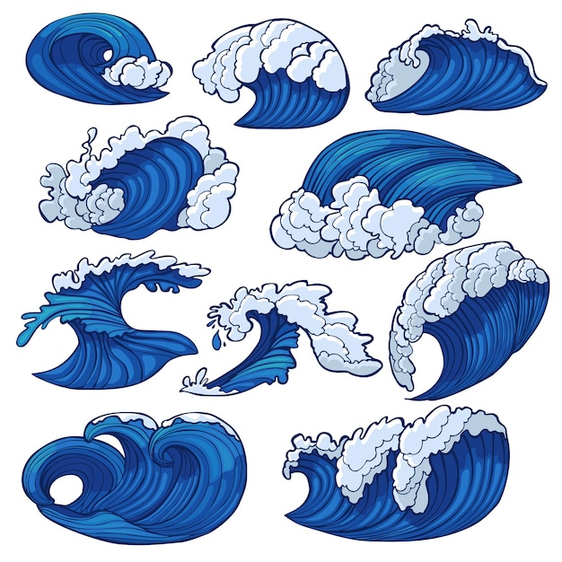 Color Sea Waves Set Graphic Hand Drawn Ocean Waves Set for TShirt Cards Surface Design Scrapbooking Poster Vector Illustration