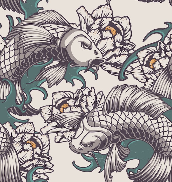 Vector color seamless pattern on the japanese theme with koi carp, peonies and waves.