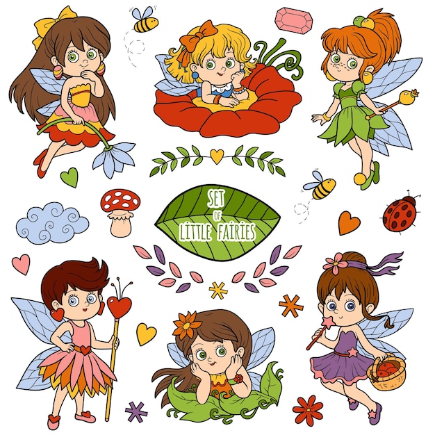 Color set of cute little fairies and cartoon nature objects