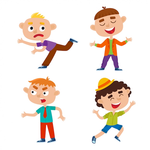 Color  set of kids in poses isolated on white, happy jumping hipster kid - running boy, angry and laughing stylish boys, cartoon