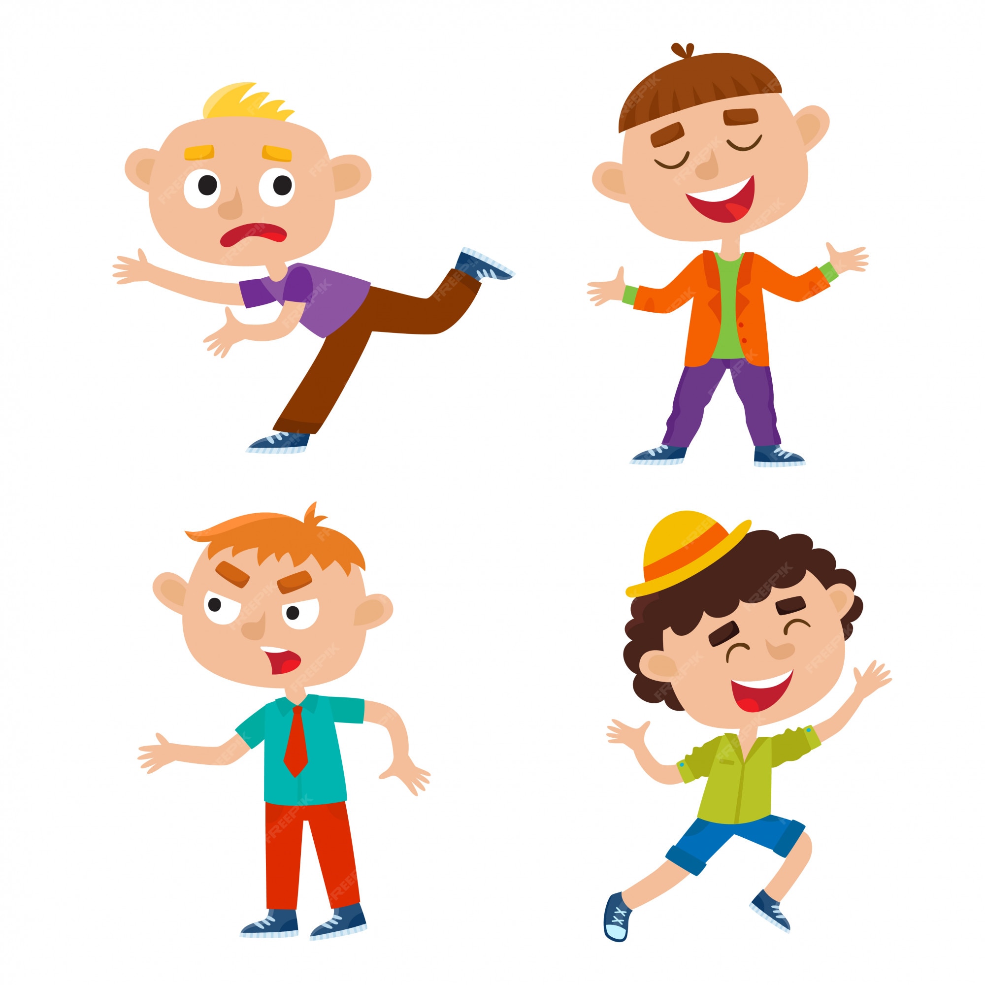Premium Vector | Color set of kids in poses isolated on white, happy jumping hipster kid - running boy, angry and laughing stylish boys, cartoon Premium Vector | Color set of kids in poses isolated on white, happy jumping hipster kid - running boy, angry and laughing stylish boys, cartoon