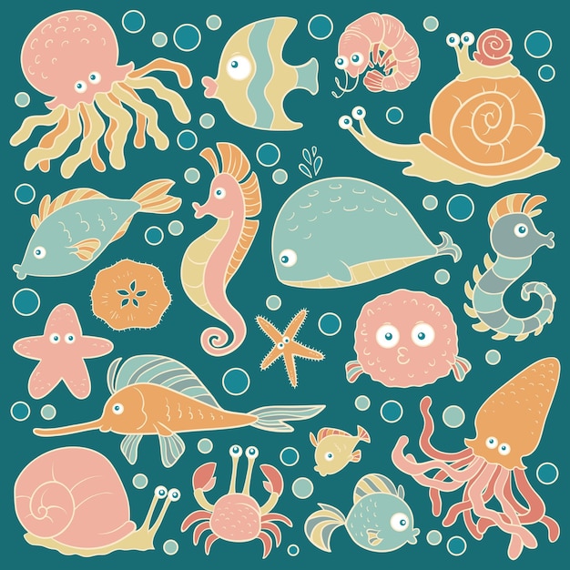 Color set of sea animals cute cartoon collection of fish crab whale shrimp