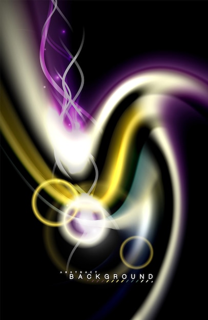 Vector color shiny light effects on black liquid style multicolored wavy shape