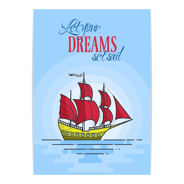 Color ship with red sails in the sea on blue background. traveling banner. abstract skyline. flat line art. vector illustration. concept for trip, tourism, travel agency, hotels, vacation card.