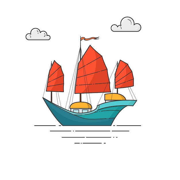 Color ship with red sails in the sea