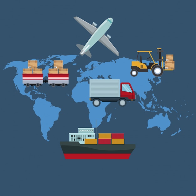 color silhouette world map background with icons logistics transport vehicles