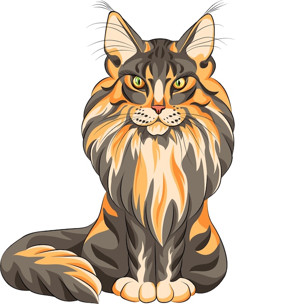 Vector color sketch serios black and red fluffy maine coon american longhair cat sitting