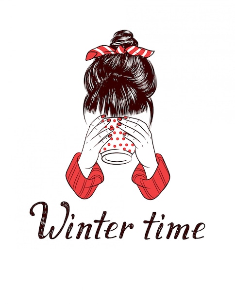 color sketch style illustration of girl drinking hot coffee. Winter time hand drawing lettering isolated. A girl with a bunch on her head holding a cup in her hands