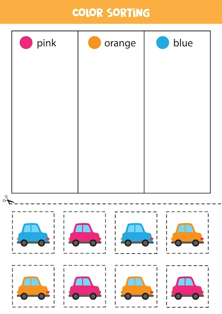 Color sorting for kids. sort cars by colors. educational worksheet.