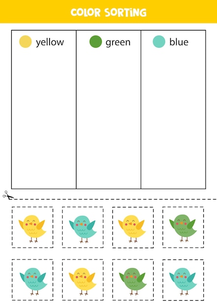 Color sorting for kids Sort cute birds by colors Educational worksheet