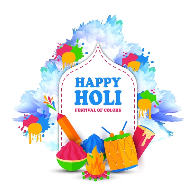 Color Splash and Typography Happy Holi Vector Design with Holi Elements