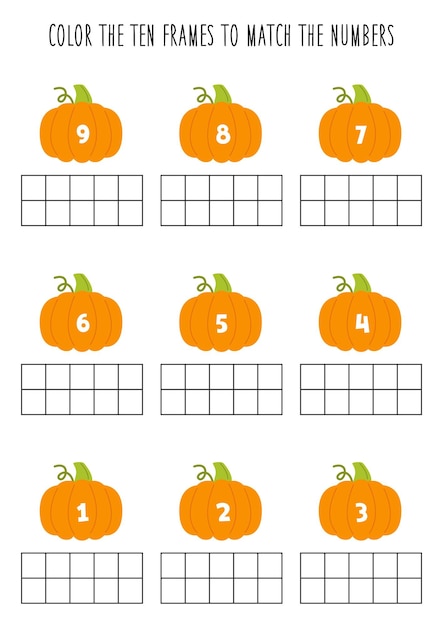 子供のための数学ワークシートに数字に従って10のフレームをカラー